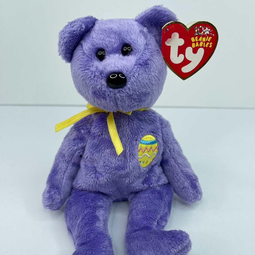 Ty Beanie Babies EGGS III Purple Teddy Bear — Plush Easter Ribbon 2002